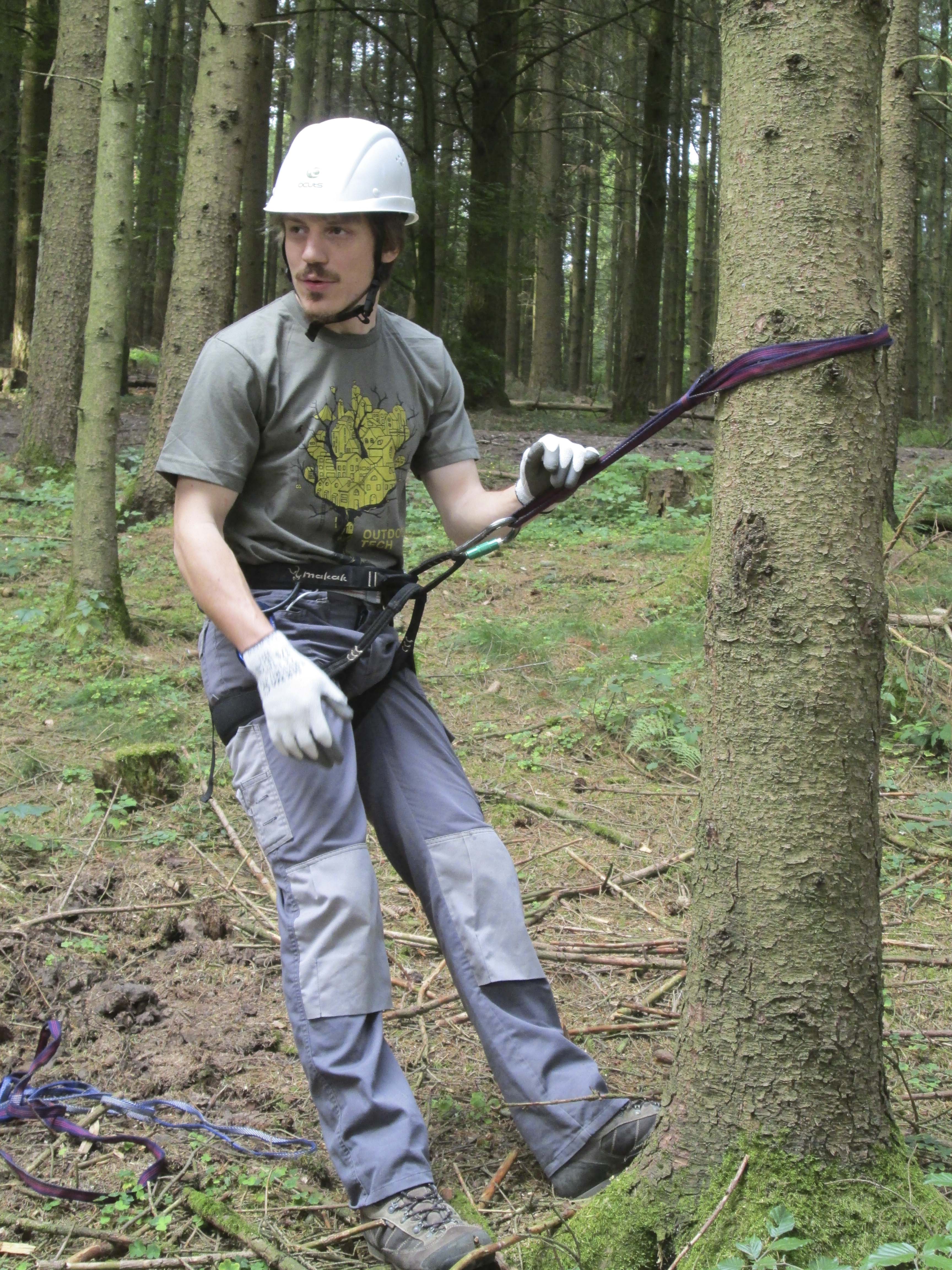 Mann ist mit Gurt und Bandschlingen am Baum gesichert