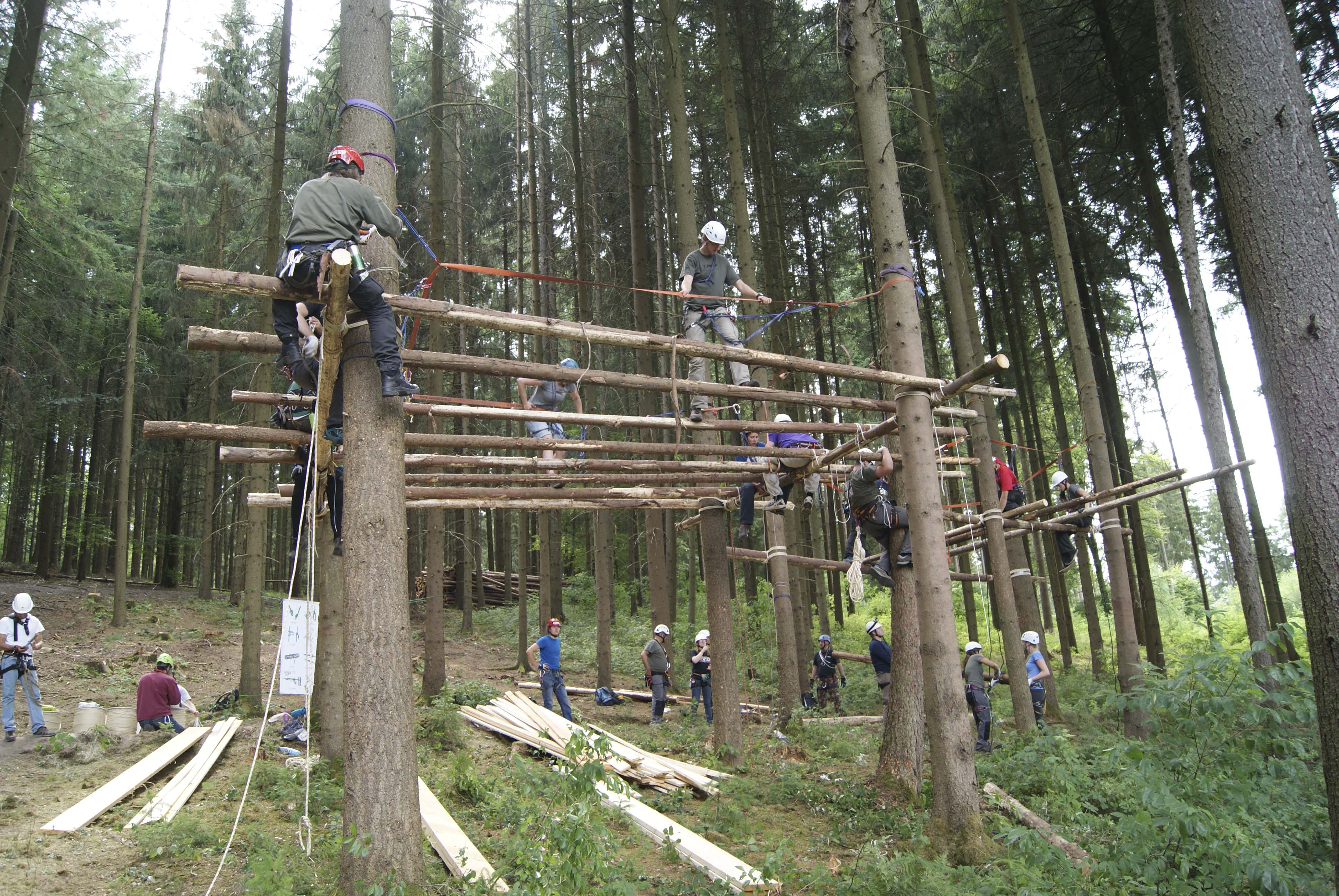 Personen balancieren auf den Querbalken, gesichert durch die Security-Line